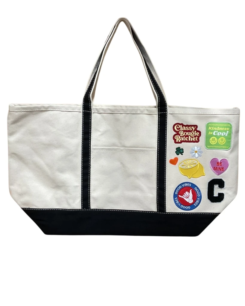 Unique patch arrangement on custom pouch, Toteally Yours Studio